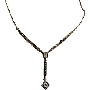 Vintage Marcasite Solid Sterling Silver Y Drop Pendant Choker Necklace 16"